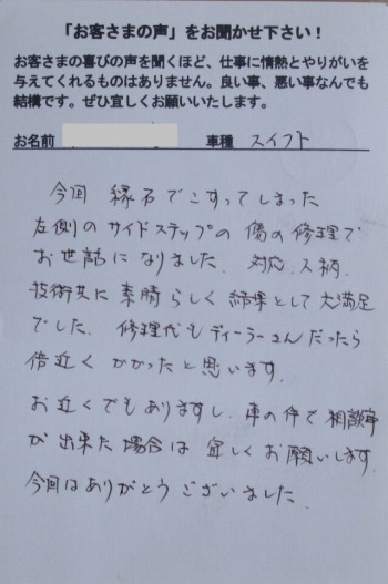 お客様の声 板金塗装修理 スイフト 関市 岐阜県関市の板金塗装キズへこみ事故車の修理 実績5000台 ｂｏｄｙ ｐｒｏ 足立